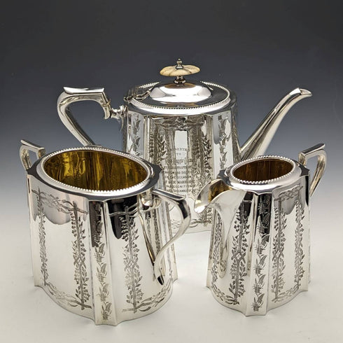 1882 English Antique Silver Plated Teapot Set of 3 John Gallimore